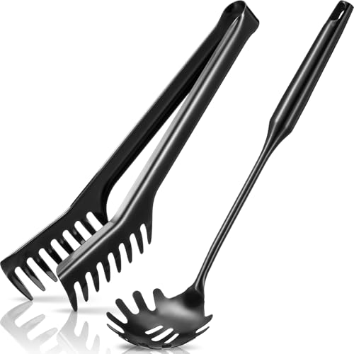Image of Patelai Stainless Steel Spaghetti Spoon and Pasta Tongs Set, Long Handle Noodle Server Tools with Drain Holes, Non-slip Grip for Cooking, Serving Pasta and Noodles(Black)