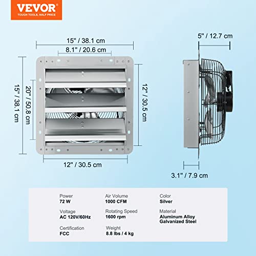 Image of VEVOR 12 Inch Shutter Exhaust Fan Wall Mounted 1347 CFM Automatic Louvers, Sturdy Steel Housing, Low Noise, AC Motor, Ventilation and Cooling for Attic, Garage, Barn, Greenhouse, Workshop, Silver