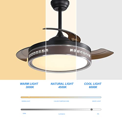 42 Inch Modern Ceiling Fan With Light In 3 Color Changeable, 6 Wind Speed, Noiseless Reversible Motor, Retractable Ceiling Fan With Lights And Remote (Brown With Crystal) #TOP1