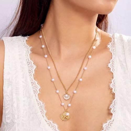 Shell Necklaces for Women 14k Gold Plated Layered Starfish Conch SeaShell Pearl Pendant Charm Necklace Adjustable Stainless Steel Chain Summer Beach Jewelry3