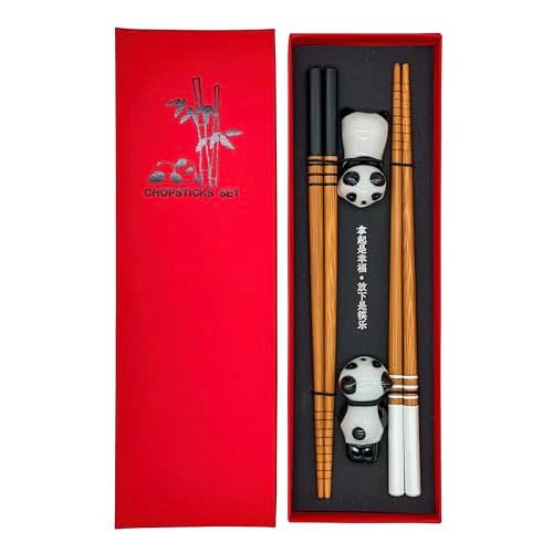 Sushi Essstäbchen Set Panda 2 Paar inklusive Keramik-Unterleger Premium Holz Nachhaltig Japanisch Chinesisch Koreanisch Taiwanesisch