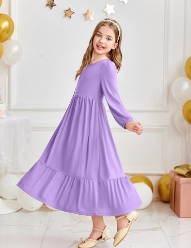 Image of Arshiner Girls Maxi Dresses Lantern Long Sleeve Casual Holiday Dress with Pockets for 5-14 Y