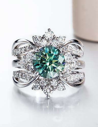 CannyCat Fancy Vivid Blue Green Moissanite Wedding Band Ring Set for Women 4.2 cttw Moissanite Engagement Rings Platinum-Plated Sterling Silver Wrap Guard Enhancers Anniversary Bridal Sets (size-5)2