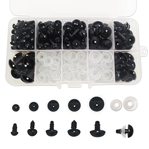 FANGZIDM 132 Piezas Ojos de Seguridad con Arandelas 6-14mm Ojos de Juguete de Plástico Negro para Fabricación de muñecas DIY Manualidades