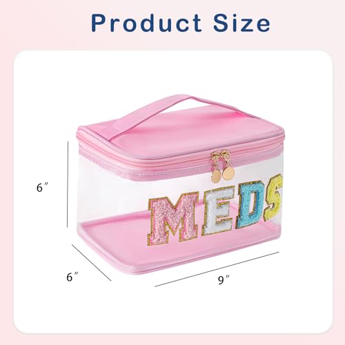 Large Waterproof Chenille Letter Medicine Clear Makeup Bag, Transparent PVC Nylon Preppy Patch Cosmetic Bag with Handle, Portable Meds First Aid Travel Organizer Cosmetic Bag (04MEDS-Light Pink)2