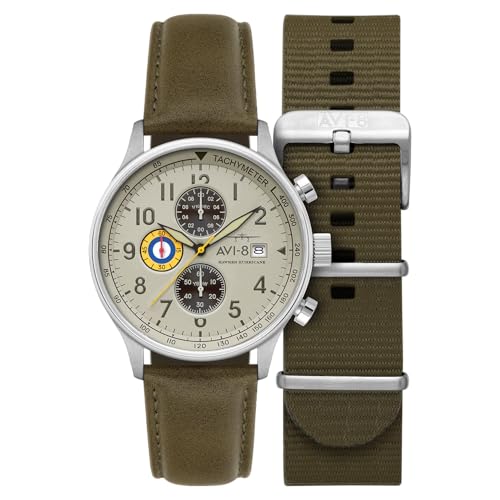 AVI-8 Hawker Hurricane Herren-Chronograph, 43,5 mm, mit Lederband, AV-4011, kakigrün