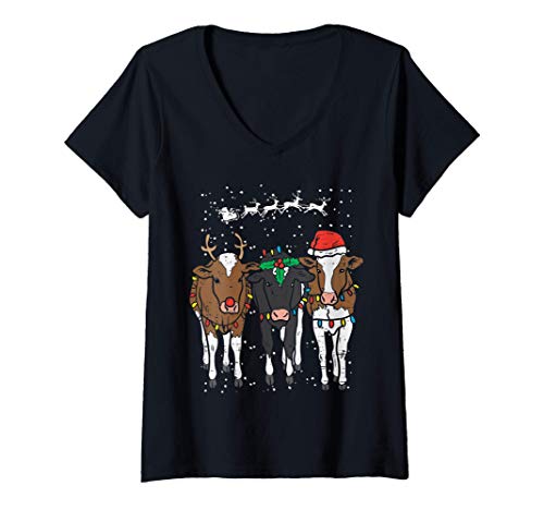 Mujer Reindeer Santa Cows Funny Farm Christmas Animal Lover Gift Camiseta Cuello V