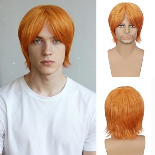 Image of QUEENTAS Unisex 10 Inch Orange Natural Straight Short Wig, Heat Resistant Synthetic Glueless Wig for Halloween Party and Cosplay
