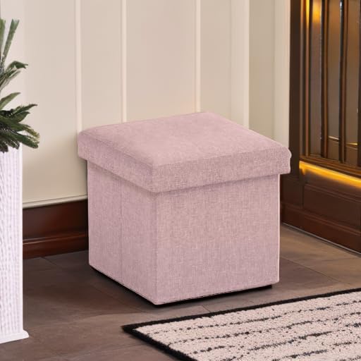Ornavo Home Small Storage Ottoman Foldable Collapsible Cube Square Linen Ottoman Foot Rest Stool Seat, for Living Room, Bedroom, Home Office, Dorm - 12 x 12 x 12, Pink - Image 2