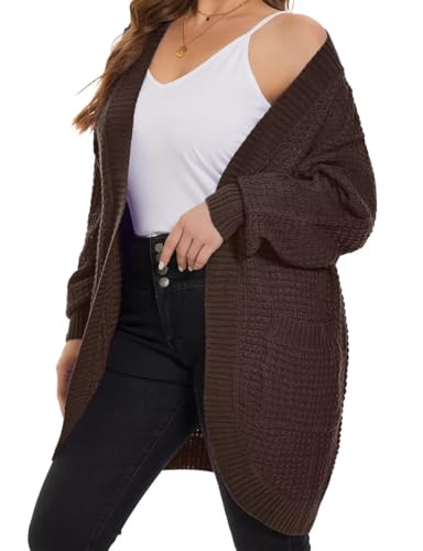 Image of MONNURO Womens Plus Size Open Front Cardigan Waffle Knit Long Sleeve Sweaters Tops Fall Coat Outerwear with Pockets