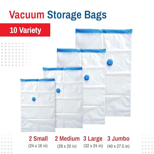 Image of 10-Pack Variety Vacuum Storage Bags for Comforters, Blankets & Clothes - Vacuum Sealed Compression Bags with Electric Pump - Space Saver Bags for Bedding,Travel & Organization (2S, 2M, 3L & 3XL) | Powerful electric pump removes air quickly for fast packing, moving, travel, and seasonal storage