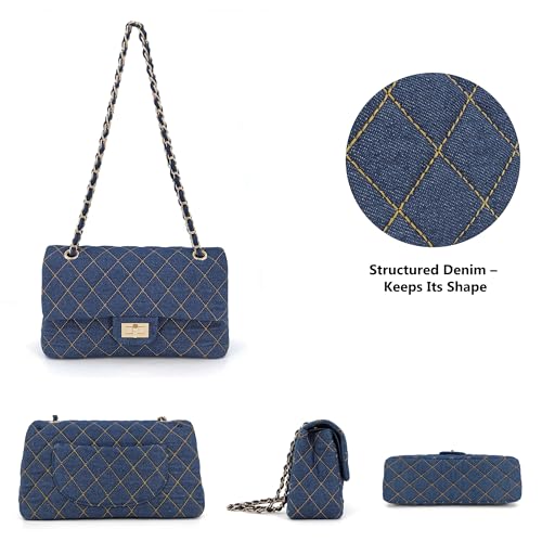 Quilted Denim Crossbody Bags for Women, Chain Strap Shoulder Bags, Medium Double Flap Purse, Gold Hardware Jean Purse2