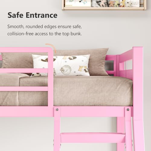 Image of iPormis Metal Bunk Bed Twin Over Full, Heavy Duty Bunk with High Guardrail and Safety Entrance Design, Under-Bed Storage Space, Easy Assembly, Noise Free, Pink