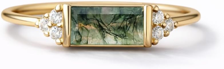 14K Yellow Gold Baguette Moss Agate Ring with Diamond Accents Nature Inspired Promise Ring East-West Minimalist Jewelry Gift for Her