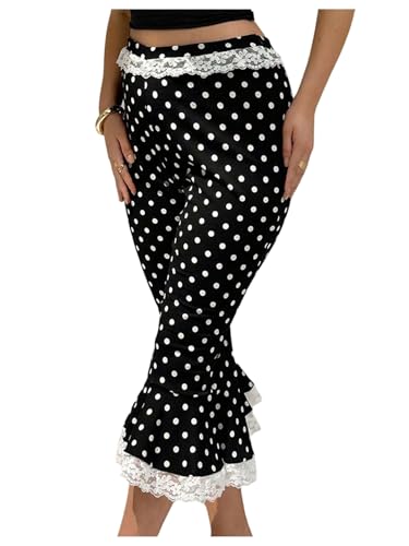 WDIRARA Women's Plus Size Lace Trim Polka Dots Capri Flare Pants High Waisted Bell Bottoms