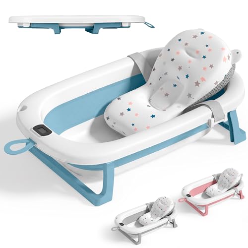 JUPPLIES Bañera Bebé Plegable con Cojín Ergonómico, Termómetro Digital y Patas Antideslizantes | Portátil, Compacta y Segura para Recién Nacido (Azul, Sin patas)