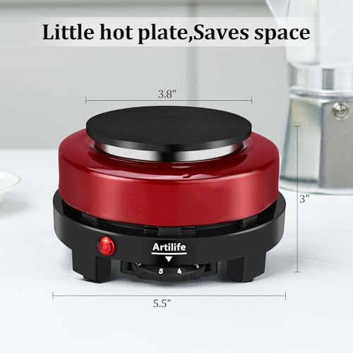 Image of Artilife 500W Mini Electric Hot Plate - Moka Pot Special, 110V Compact RV Camping Stove, 4 inch Cast Iron Burner for Coffee, Low Wattage Portable (Red)