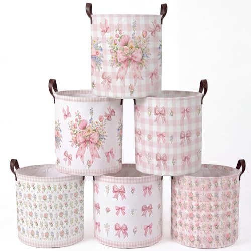 Image of Fourluoo 6 Pack Pink Bow Fabric Storage Basket Waterproof Laundry Hamper with Handles Flower Round Storage Bin for Clothes Foldable Organizer for Bedroom Nursery Bathroom