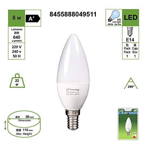 E14 LED Candle Light Bulb 8W C38 Cool White 6400K 640LM (Pack of 5) - Image 2