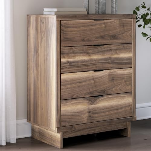 Image of Signature Design by Ashley Darcalli Chest of Drawers, 4 Drawer Tall Dresser, Mid-Century Modern, Engineered Wood (MDF /particleboard /Plywood) and Decorative Laminate, Bedroom Storage, Rustic Brown