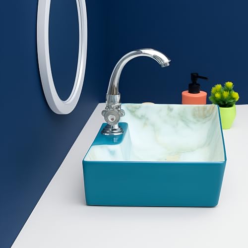Image of SEA SHORE Ceramic Countertop Wash Basin, White Designer Table Top Bathroom Sink, Modern Over Counter Vanity Basin for Home, Hotel & Washroom, 16 x 12 x 5.5 Inch