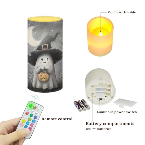Image of Poceacles Wizard Hat Ghost Pumpkin Moon Gray Flameless Candle Battery Powered with Remote Control 12 Colors 4 /8 Hours Timer LED Night Lights Pillar Candle Tealights Halloween Decorations