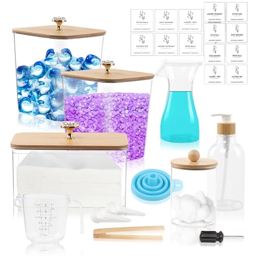Yabound 3 Pcs Laundry Detergent Storage, Glass Jars for Laundry Room Organization, Washing Powder Storage Container with 16 Labels for Washing Pods, Scent Booster, Dryer Sheet (C)