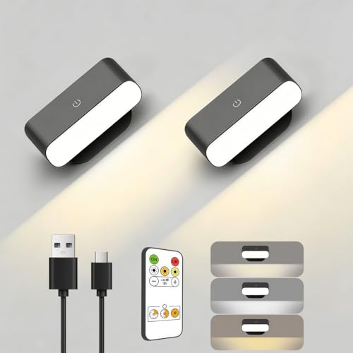Alinana Set 2 Lampada da Parete LED, Applique da Parete Interno con Controllo Touch e Telecomando, 3 Colori Dimmerabili, Rotazione a 360°, per Camera da Letto, Soggiorno, Corridoio, Scale, Nero