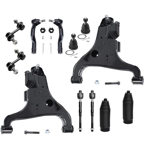 Image of Detroit Axle - 12pc Front End Suspension Kit for 2004-2010 Infiniti QX56, 2004-2015 Nissan Titan Pathfinder Armada, Lower Control Arms Upper Ball Joints Tie Rods Sway Bars Boots Replacement