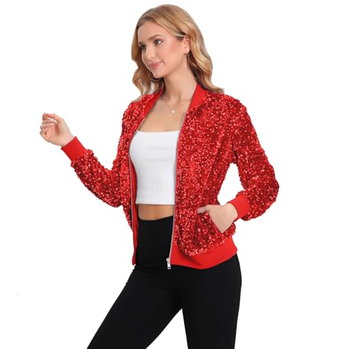 Women's Sequin Jacket Long Sleeve Blazer Glitter Front Zip With Pockets Casual Sparkly Party Velvet Bomber2