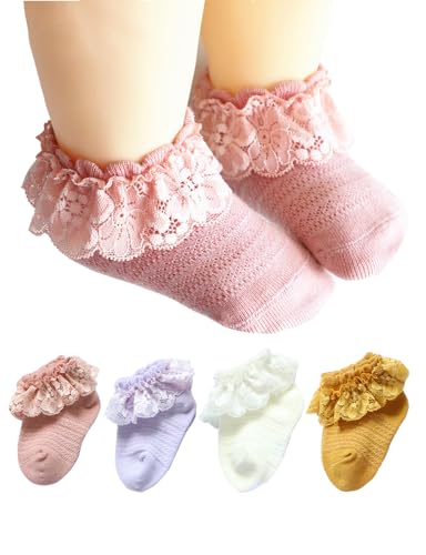 Image of Newborn Baby Girls Lace Socks for Infant Ruffle Eyelet Princess, Cotton, 4 Pack