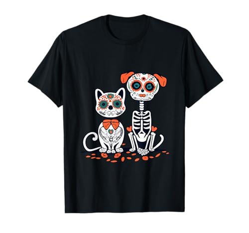 Halloween Dia de Los Muertos Sugar Skull Squelette Chiens & Chat T-Shirt