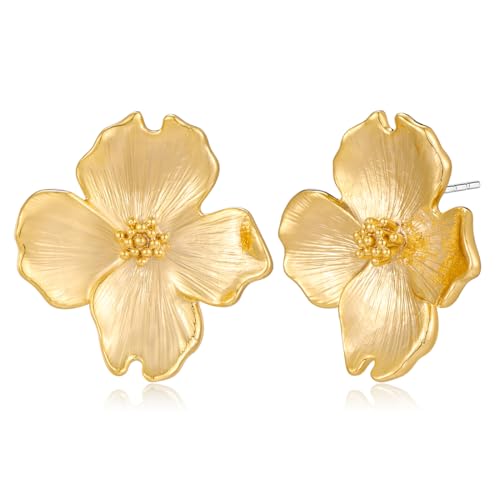Pendientes Mujer de Flor Bañados en Oro 18K, Grandes Aretes de Cuatro Pétalos Flor Tachón, Pendientes Dorados Mujer, Regalos de Joyas de Moda para Mujeres
