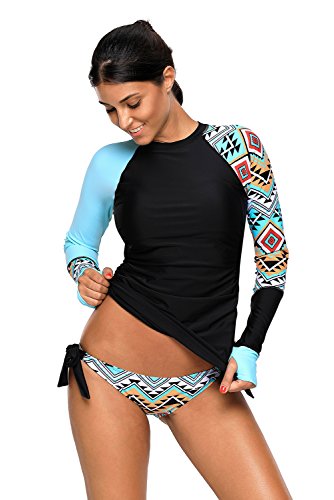AlvaQ Womens Juniors Rash Guard Swimwear Plu Size Long Sleeve Athletic Surfing Two Piece Tankini Swimsuits 2X Blue