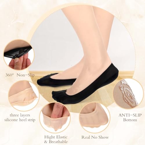 Image of Nylon No Show Socks Womens, 6 Pairs Ultra Low Cut Liners Non Slip Footies for Size 5-7 Hidden Invisible Socks for Flat Loafer