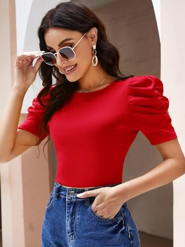 Image of POPWINGS Casual Solid Puff Short Sleeves Round Neck Top for Women |) Stylish Western Tops for Women || Summer Women Top