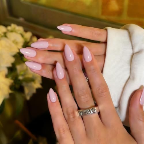 JOYVVEW Milky Light Pink Press On Nails Short Almond Nude Pink Fake Nails Neutral Glossy Stiletto StickNails Kit for Women Reusable UV Finish Acrylic False Nail Set 30 Pcs