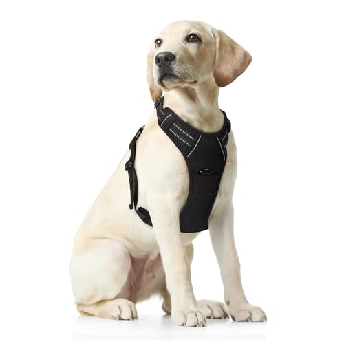 Funfox Dog Harness No Pull, Adjustable Pet Vest Harness Black M with Handle, 2 Leash Clips for Daily Walking Easy Control, Soft Durable Reflective Comfortable for Medium Sized Dogs