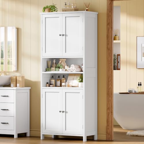 Image of TEENFON 66.9 inch H Tall Bathroom Storage Cabinet with 4 Doors & 2 Open Shelves | Bathroom Cabinet with Adjustable Shelves, Large Capacity Cabinet for Kitchen, Living Room, Entryway, Laundry & Pantry, White
