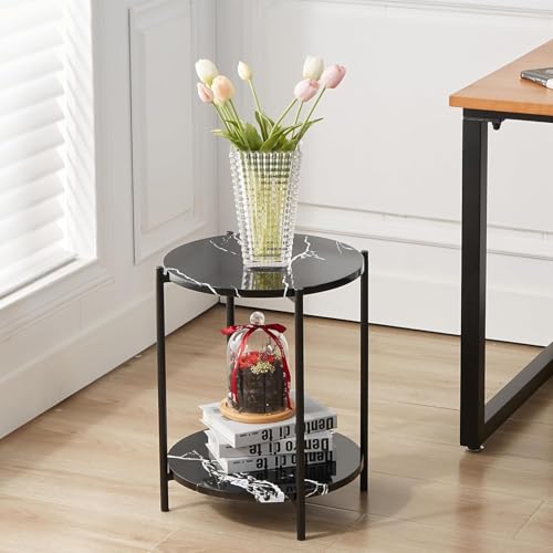 Image of Round End Table 2-Tier Side End Table with White Marble Top，Bedside Table for Living Room or Bedroom, Modern Accent Table with Metal Frame (Black)