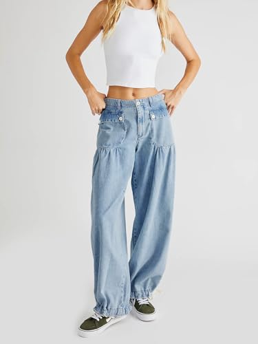 yoeasy Women's Lotus Tube Jeans Mid Rise Baggy Wide Leg Barrel Jeans Ruffle Pleated Denim Pants with Drawstring2