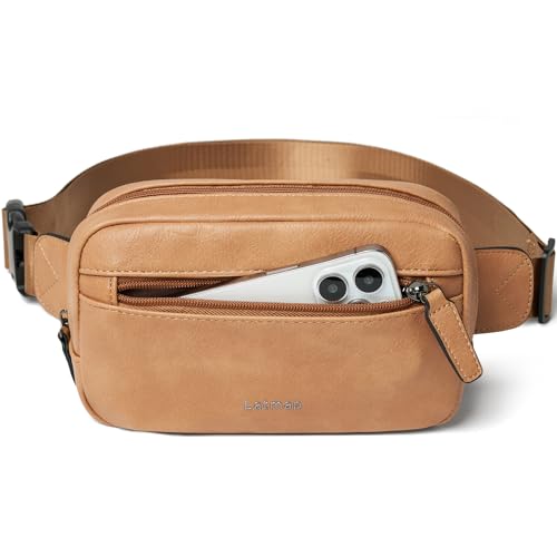 LATMAP 2L Fanny Packs Everywhere Belt Bag Small Fashion Crossbody Waist Pack Faux Leather Waterproof Sling Chest Bag For Women Tan