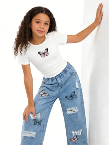 Image of Azmxynol Tween Girl Clothes Short Sleeve Top + Butterfly Design Jeans 2 Pieces Spring Summer Outfit Set, Size 6-16 Years
