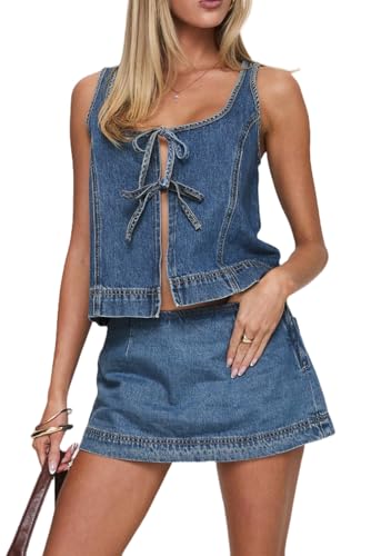 Summer 2 Piece Denim Skirt Set for Women Y2k Tie Front Sleeveless Jean Vest Top Mini Skirt Set Sexy Going Out Outfits