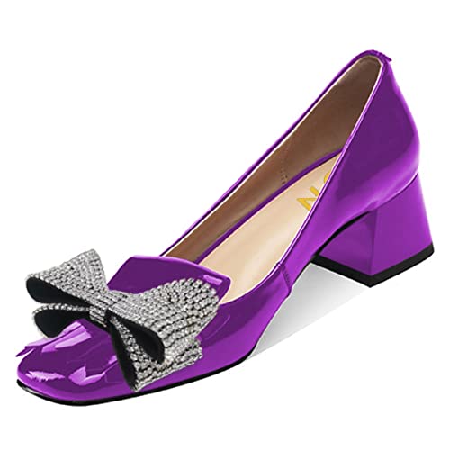 YDN Womens Squared Toe Tassel Pumps Rhinestone Bow Chunky Low Heel Slip On Comfy Dressy Date Office Shoe Size 4-15 US