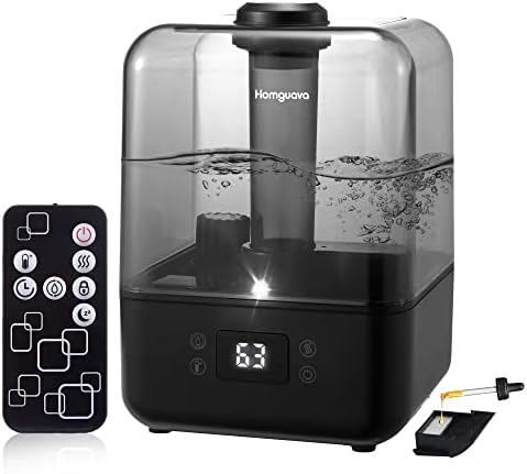 Homguava Cool & Warm Mist Humidifier, Humidifier for Bedroom Large Room, Ultrasonic Air Humidifier for Plant Pet, Remote Control & Essential Oil, 3 Adjustable Mist, 360° Nozzle, Timed,Up to 32H(Black)