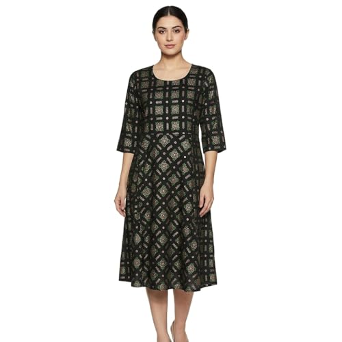 Image of Women's Pink Floral Printed Midi Dress, 3 /4 Sleeves, Notch Neck, A-Line Fit and Flare