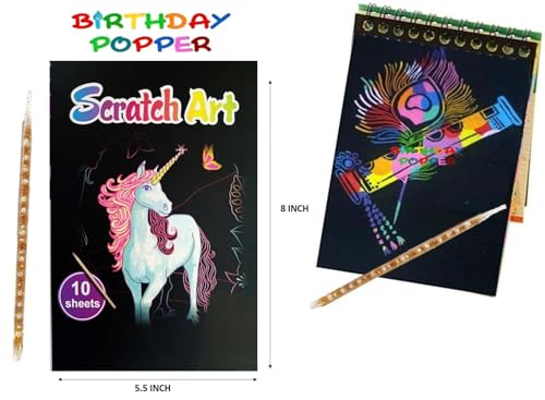Birthday Popper Magic Unicorn Rainbow Scratch Art Book | Set of 10 | Birthday Return Gifts for Girls of All Age Group