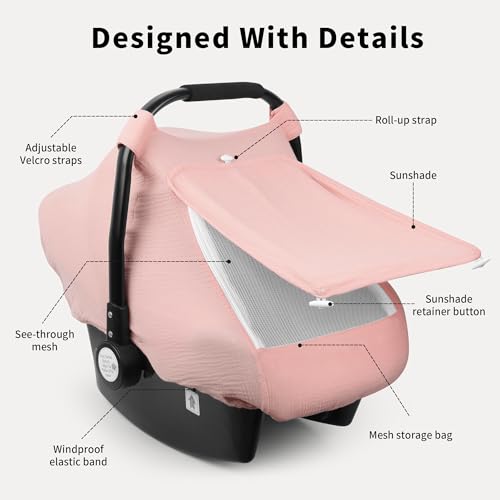 Image of Rquite Car Seat Cover Baby, Carseat Covers Girl Boy, Breathable Muslin Cotton, Large Mesh Window, Infant Car Seat Canopy Baby Carrier Cover Stroller Sun Shade for Summer & Hot Day, Pink