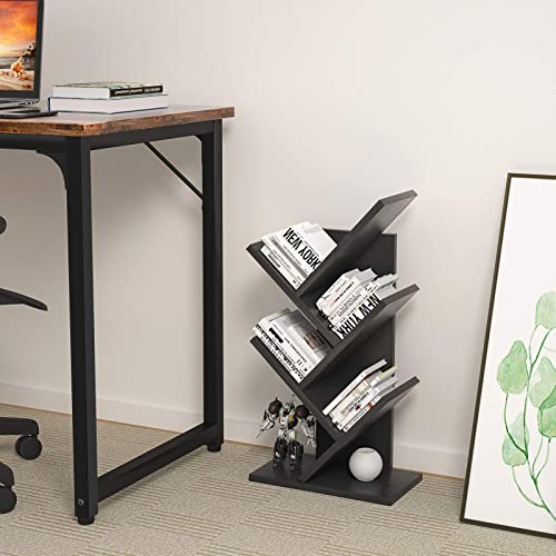 Topfurny Tree Bookshelf, 4-Tier Book Storage Organizer Shelves Floor Standing Bookcase, Wood Storage Rack For Office Home School Shelf Display For Cd/Magazine/Book -Black #TOP1